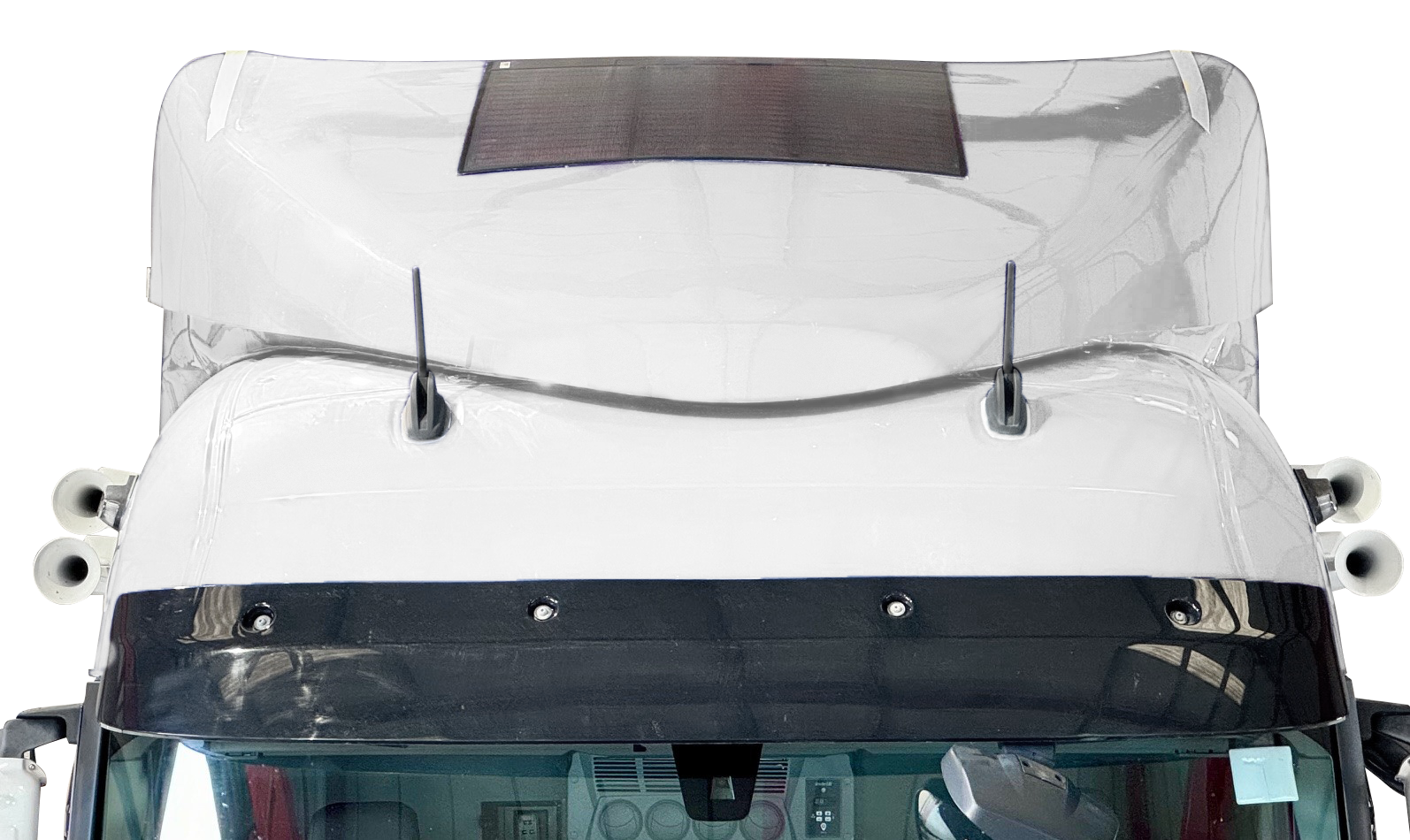 Genie Insights 24-volt battery trickle charge solar panel on truck roof deflector Genie Insights 24-volt battery trickle charge solar panel on truck roof deflector