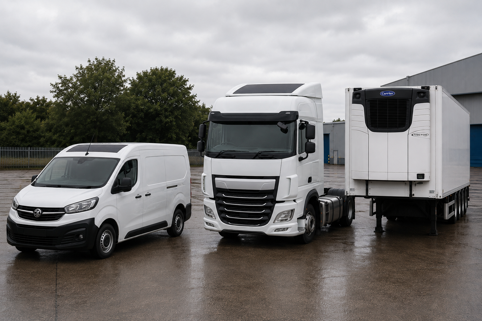 Commercial vehicle line-up showing solar panel on a van, truck and trailer