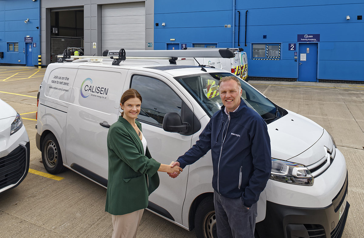 Calisen’s Briony Morgan-Wilcox and David Carlisle from Genie Insights with the latest fleet of electric vans that have been fitted with solar panel technology
