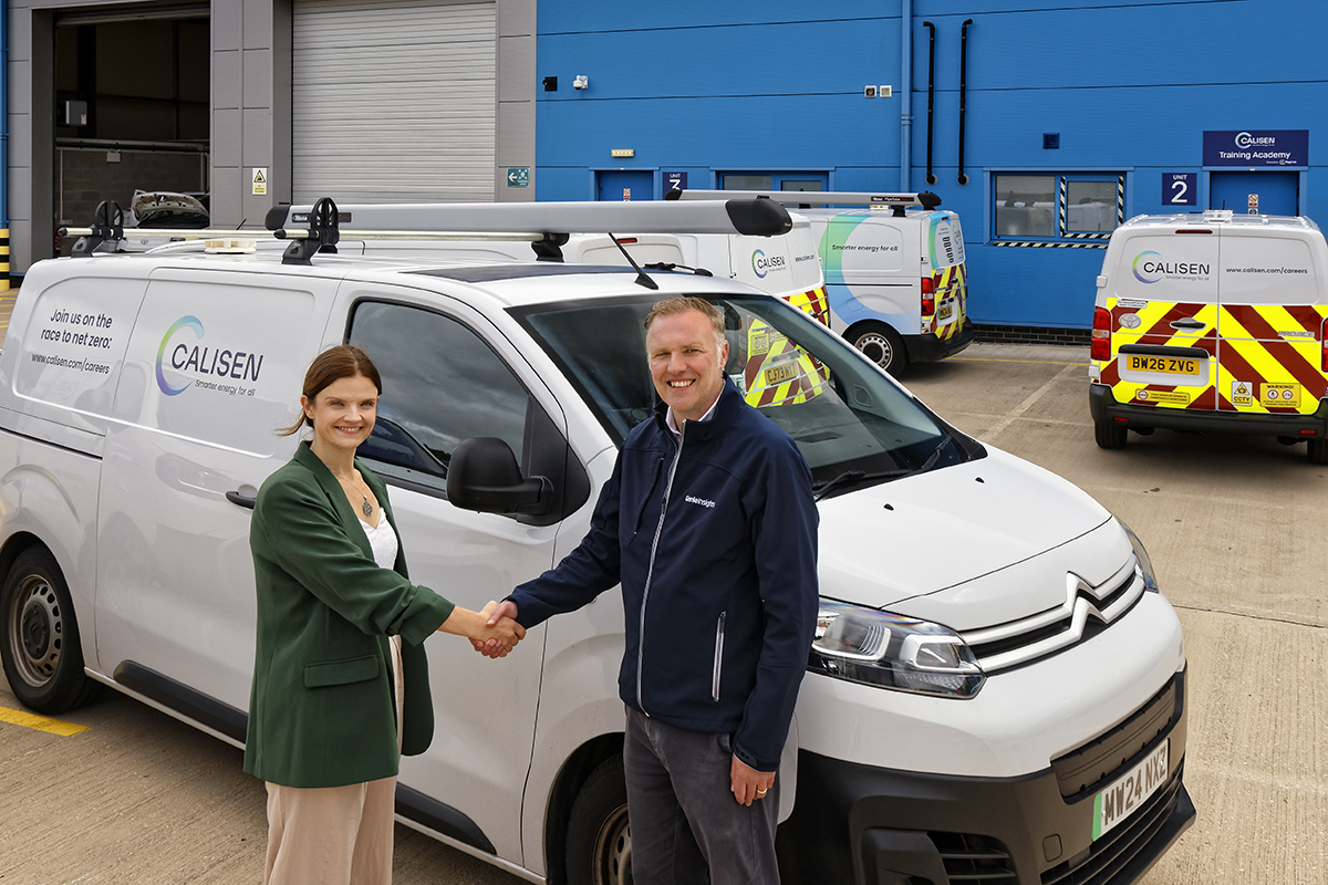 Calisen’s Briony Morgan-Wilcox and David Carlisle from Genie Insights with the latest fleet of electric vans that have been fitted with solar panel technology